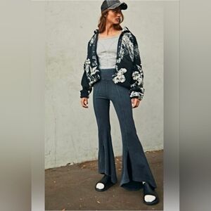 New Free People Free Movement Peek A Boo Flare Pants Black Ribbed L